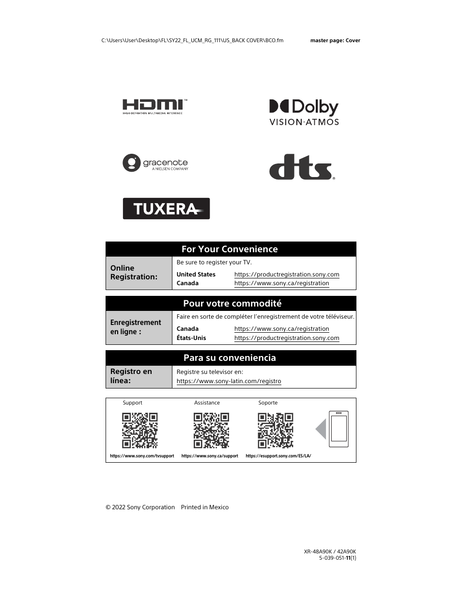 For your convenience, Pour votre commodité, Para su conveniencia | Online registration, Enregistrement en ligne, Registro en línea | Sony a6400 Mirrorless Camera with 16-50mm Lens User Manual | Page 44 / 44
