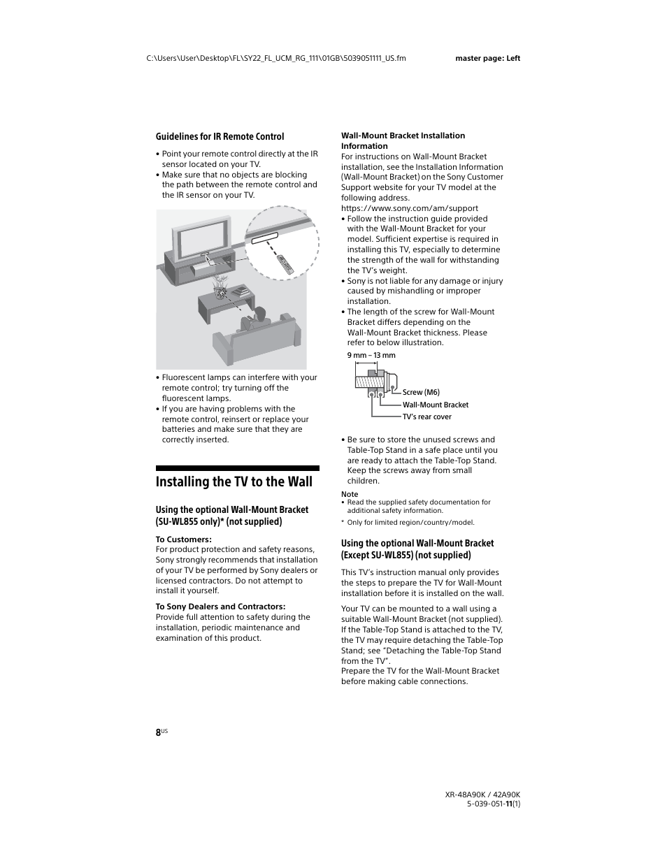 Installing the tv to the wall, Guidelines for ir remote control | Sony a6400 Mirrorless Camera with 16-50mm Lens User Manual | Page 8 / 44