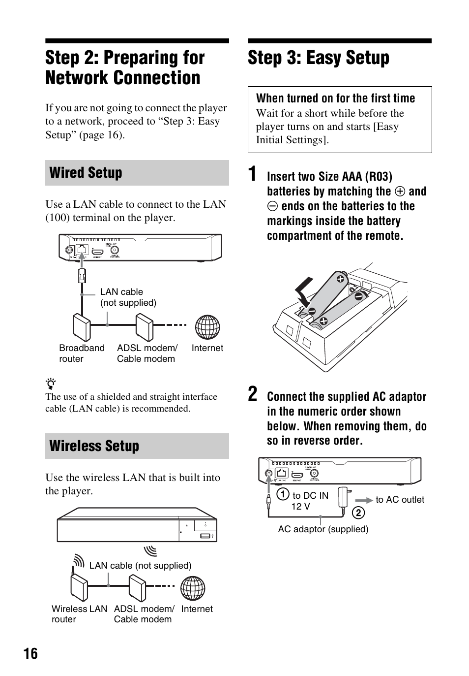 Step 2: preparing for network connection, Step 3: easy setup, Wired setup wireless setup | Sony a7C II Mirrorless Camera (Silver) User Manual | Page 16 / 48