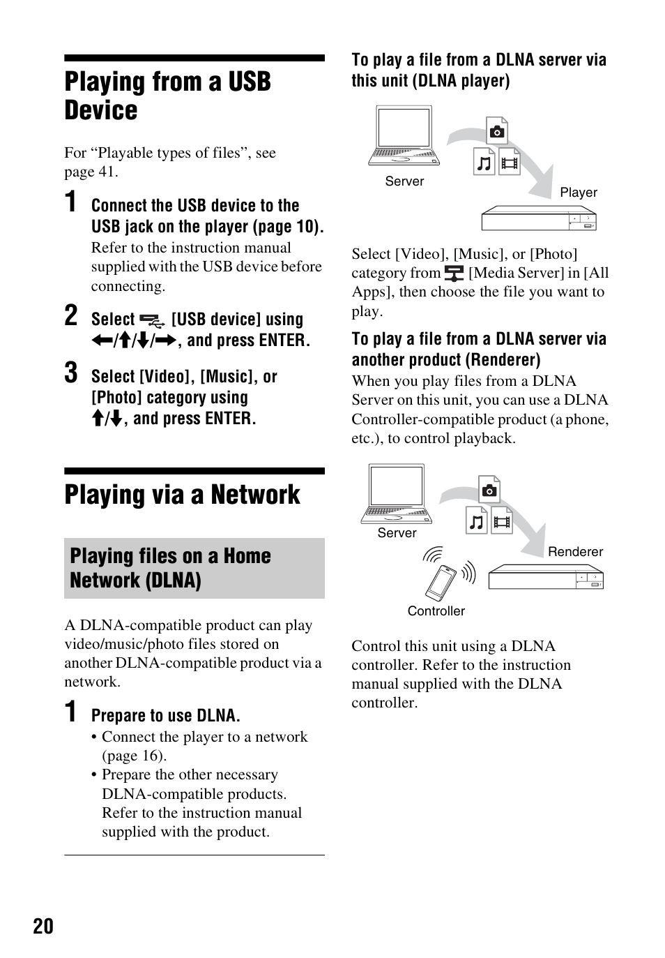 Playing from a usb device, Playing via a network, Playing files on a home network (dlna) | Sony a7C II Mirrorless Camera (Silver) User Manual | Page 20 / 48