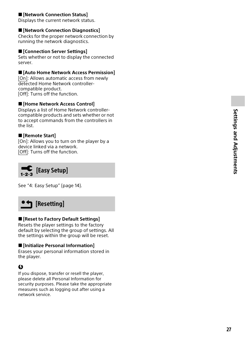 Easy setup] [resetting | Sony a7C II Mirrorless Camera (Silver) User Manual | Page 27 / 44