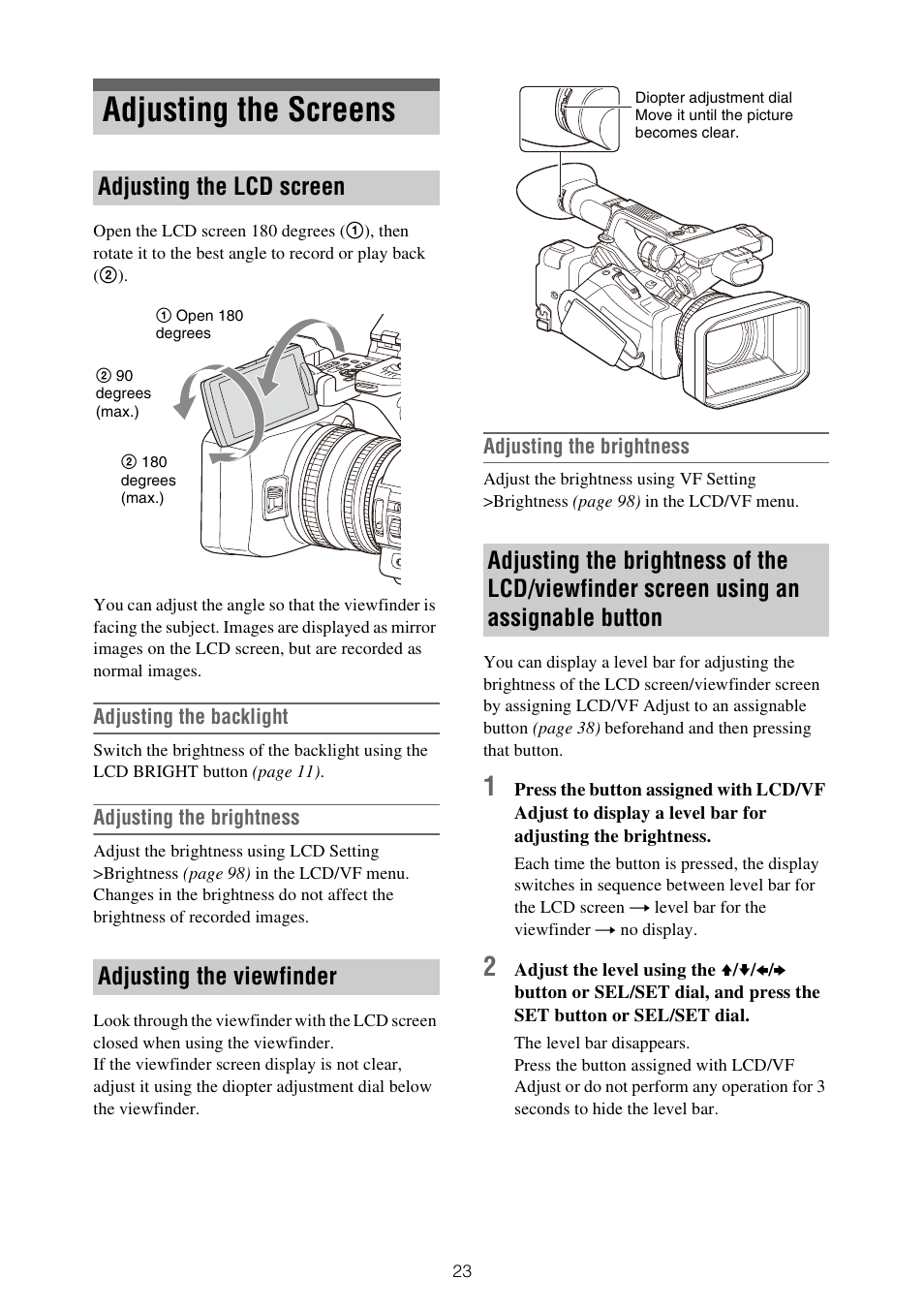 Adjusting the screens, Screen using an assignable button, Adjusting the lcd screen adjusting the viewfinder | Sony ZV-1F Vlogging Camera (Black) User Manual | Page 23 / 160