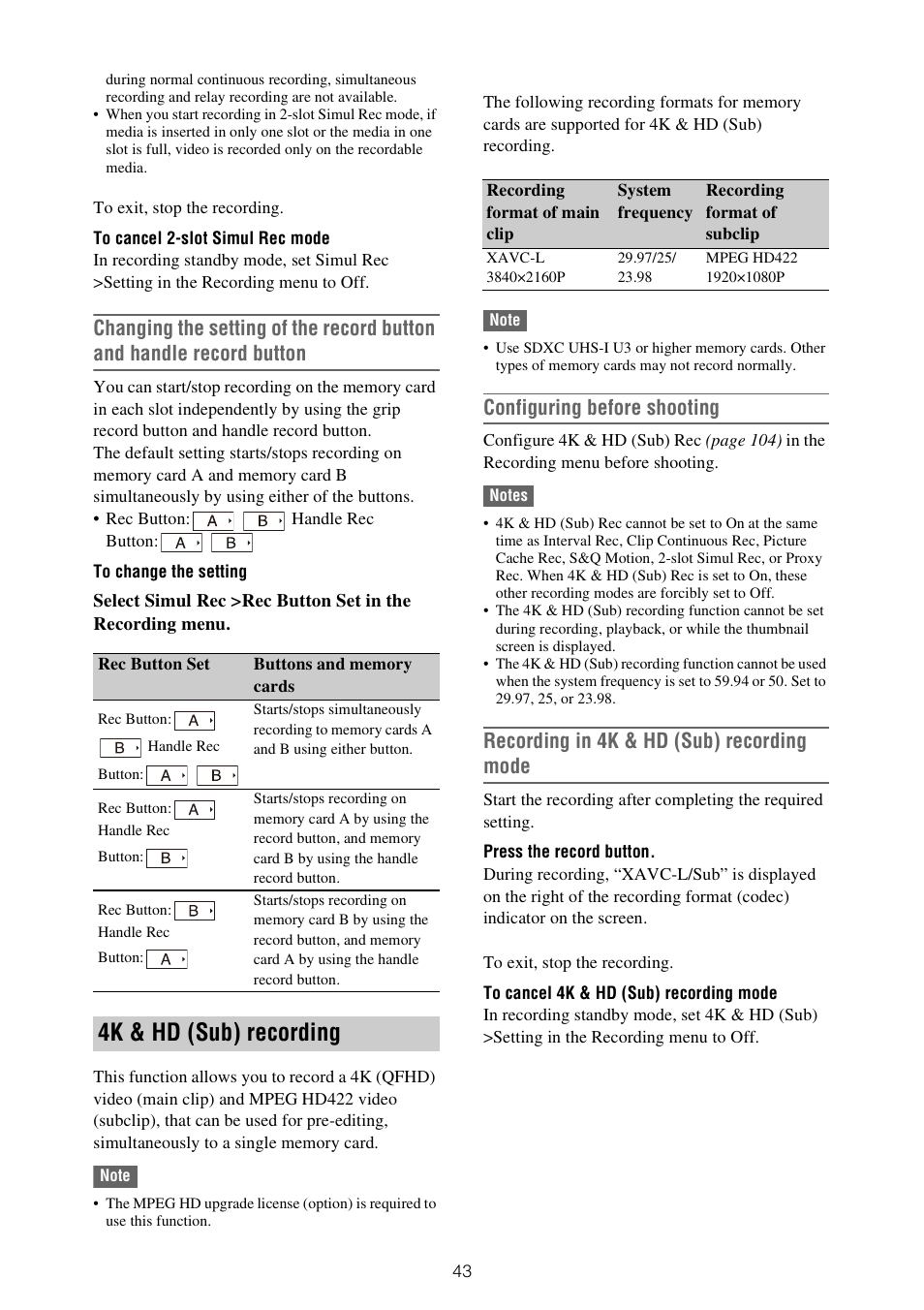 4k & hd (sub) recording, Configuring before shooting, Recording in 4k & hd (sub) recording mode | Sony ZV-1F Vlogging Camera (Black) User Manual | Page 43 / 160