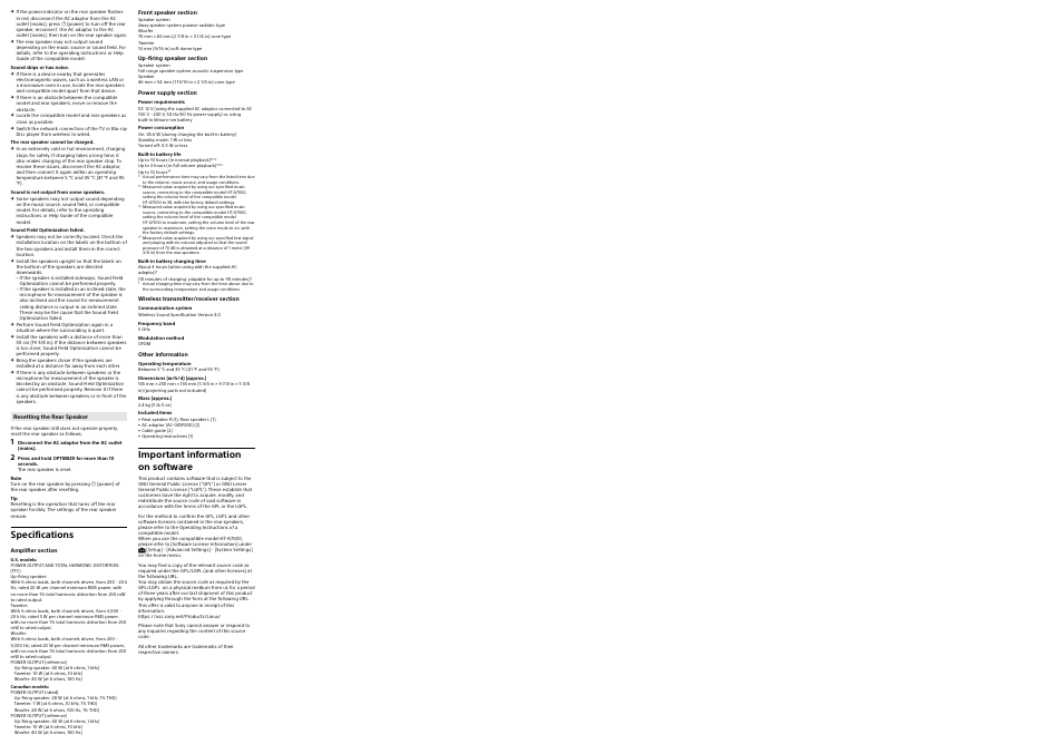 Specifications, Important information on software | Sony ZV-1 Digital Camera (Black) User Manual | Page 2 / 2