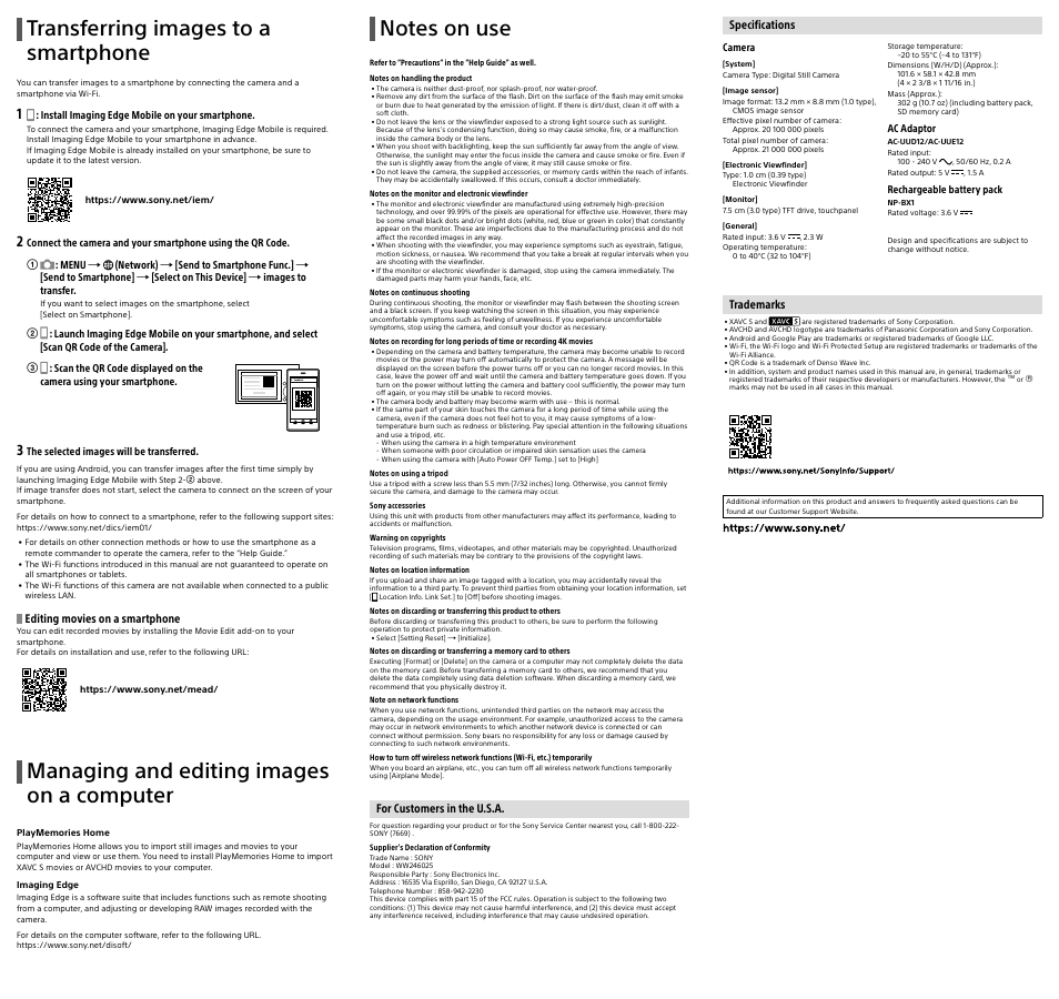 Transferring images to a smartphone, Managing and editing images on a computer | Sony PMW-F5 CineAlta Digital Cinema Camera (Refurbished) User Manual | Page 2 / 2