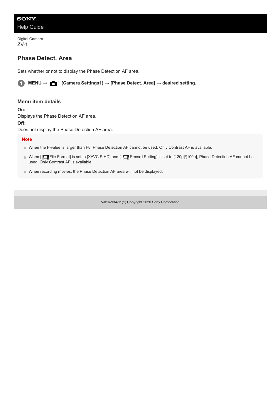 Phase detect. area | Sony Airpeak S1 Professional Drone User Manual | Page 363 / 555
