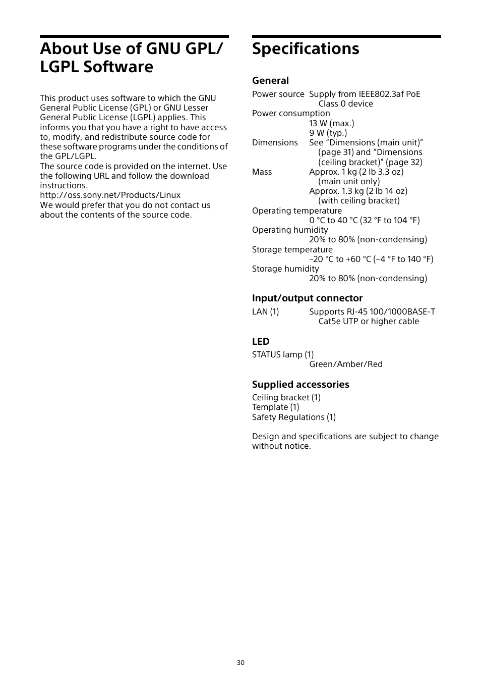 About use of gnu gpl/lgpl software, Specifications, About use of gnu gpl/ lgpl software | Sony HVL-F20M External Flash User Manual | Page 30 / 33