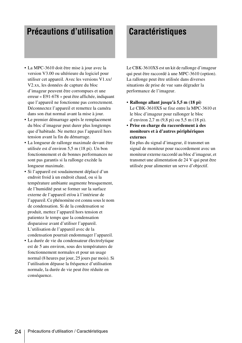 Précautions d’utilisation, Caractéristiques, Précautions d’utilisation caractéristiques | Sony FA-WRC1M Wireless Radio Commander User Manual | Page 24 / 81