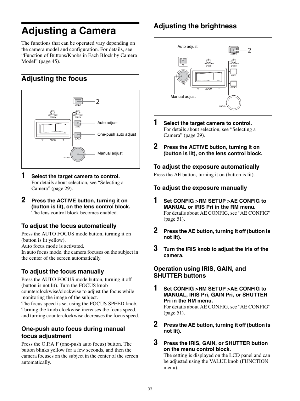 Adjusting a camera, Adjusting the focus adjusting the brightness | Sony WI-1000XM2 Noise-Canceling Wireless In-Ear Headphones (Black) User Manual | Page 33 / 62