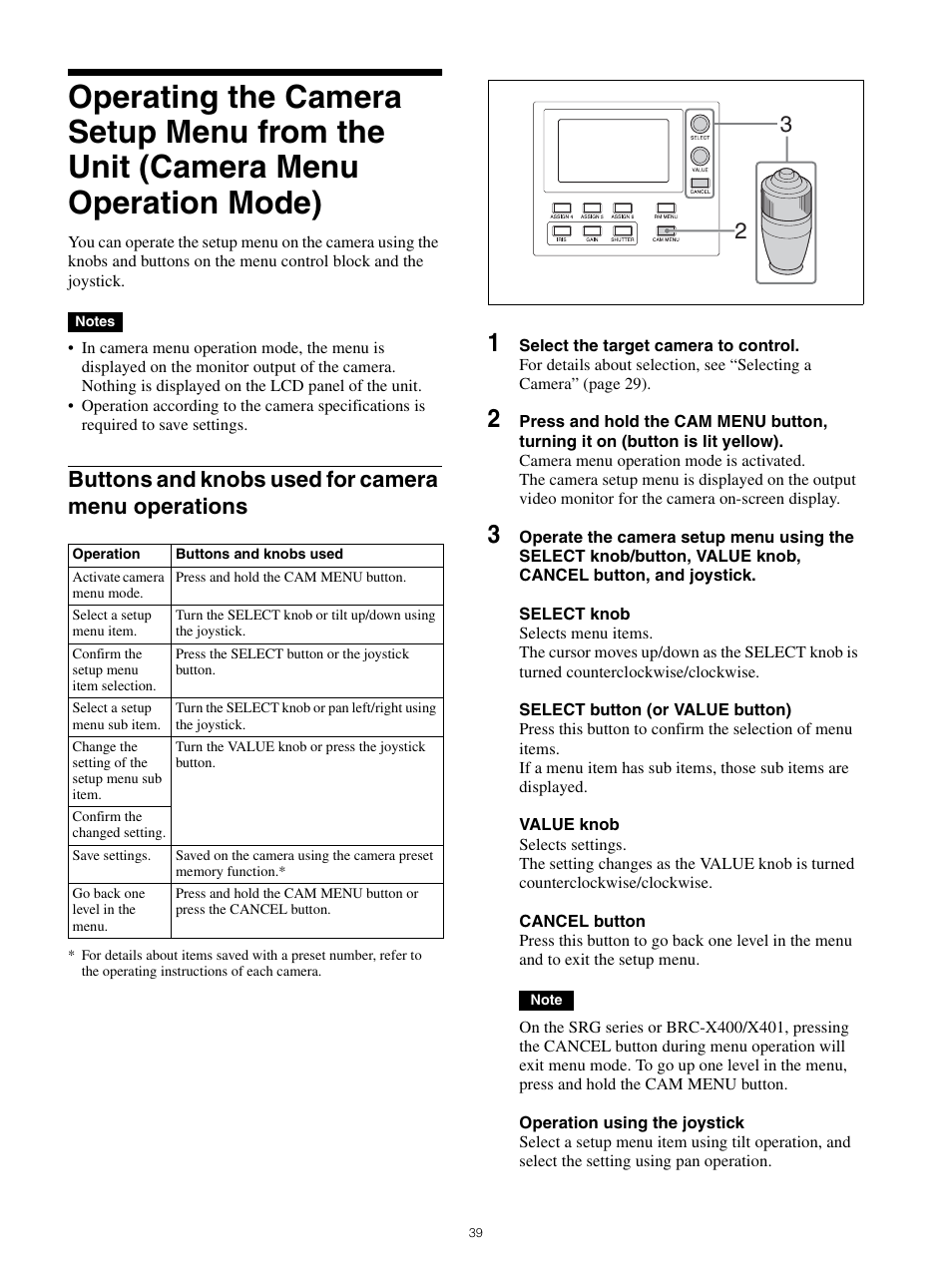 Buttons and knobs used for camera menu, Operations, Buttons and knobs used for camera menu operations | Sony WI-1000XM2 Noise-Canceling Wireless In-Ear Headphones (Black) User Manual | Page 39 / 62
