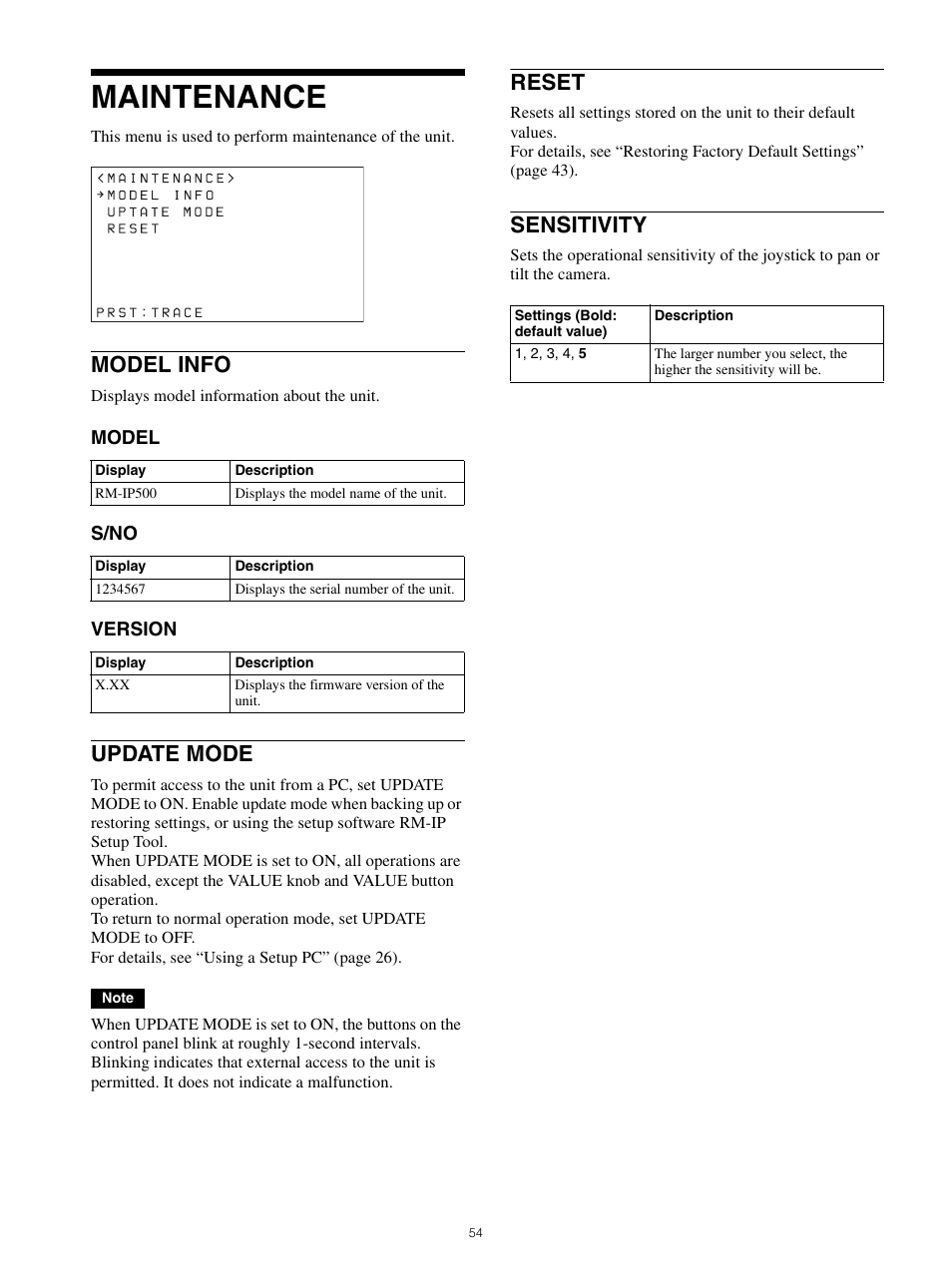 Maintenance, Model info update mode reset sensitivity, Model info | Update mode, Reset, Sensitivity | Sony WI-1000XM2 Noise-Canceling Wireless In-Ear Headphones (Black) User Manual | Page 54 / 62