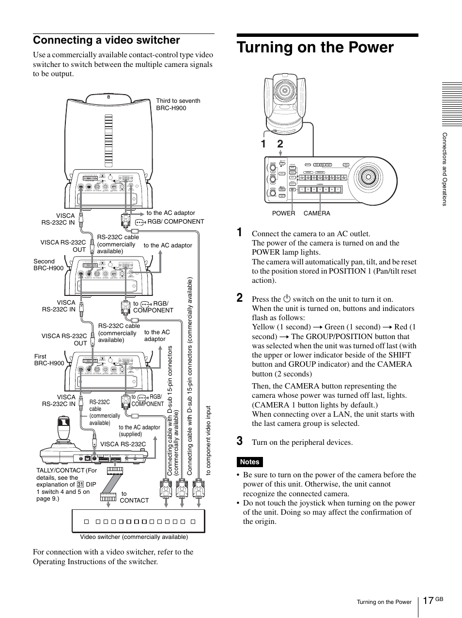Turning on the power, Connecting a video switcher, Turn on the peripheral devices | Power camera | Sony WI-C300 Wireless In-Ear Headphones (Red) User Manual | Page 17 / 27