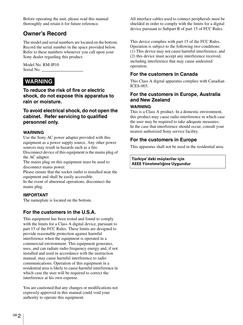 Owner’s record, Warning | Sony WI-C300 Wireless In-Ear Headphones (Red) User Manual | Page 2 / 27