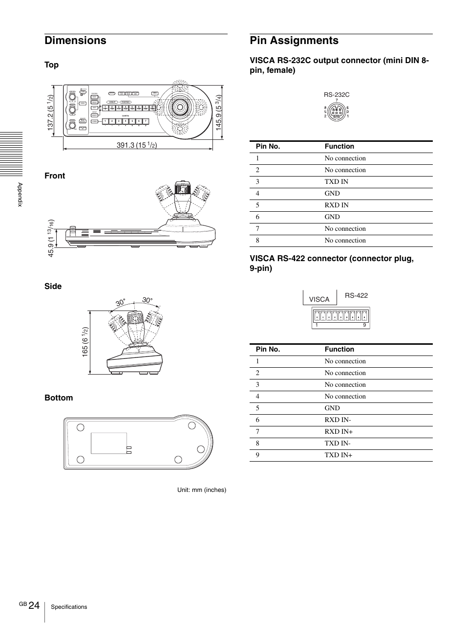 Dimensions pin assignments, Front bottom side top, Visca | Rs-422 | Sony WI-C300 Wireless In-Ear Headphones (Red) User Manual | Page 24 / 27