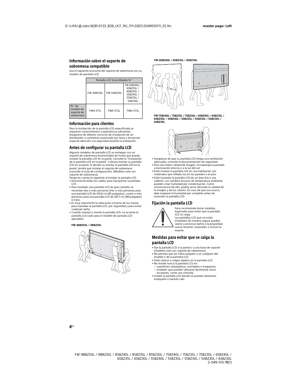 Información para clientes, Antes de configurar su pantalla lcd | Sony WF-1000XM5 Noise-Canceling True Wireless In-Ear Headphones (Silver) User Manual | Page 46 / 68