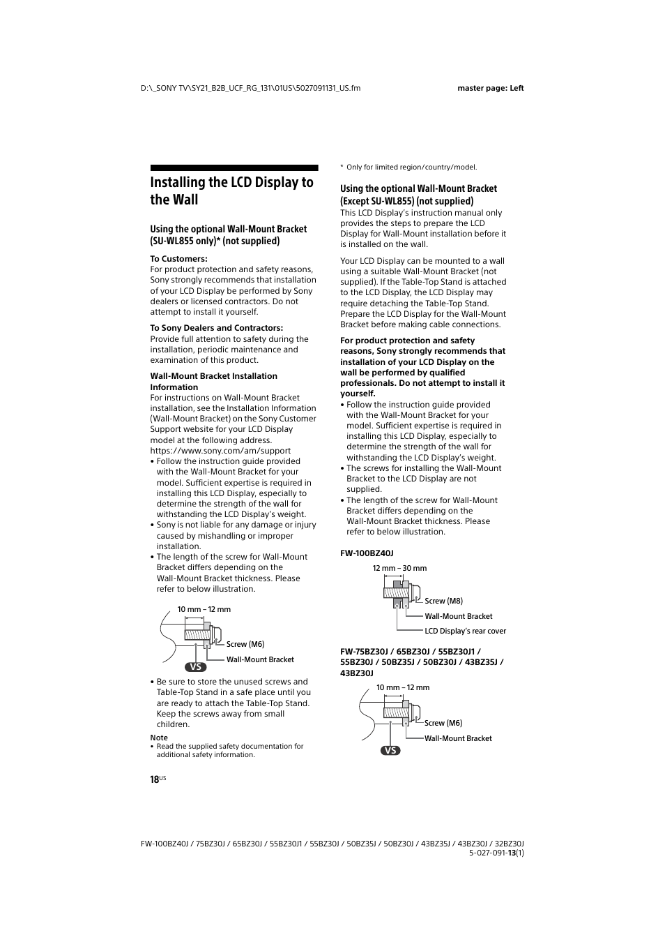 Installing the lcd display to the wall | Sony MDR-ZX110NC Noise-Canceling On-Ear Headphones User Manual | Page 18 / 72
