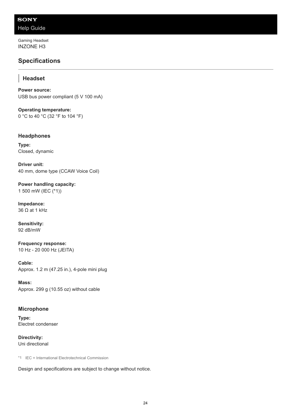 Specifications | Sony MDR-1AM2 Circumaural Headphones User Manual | Page 24 / 25