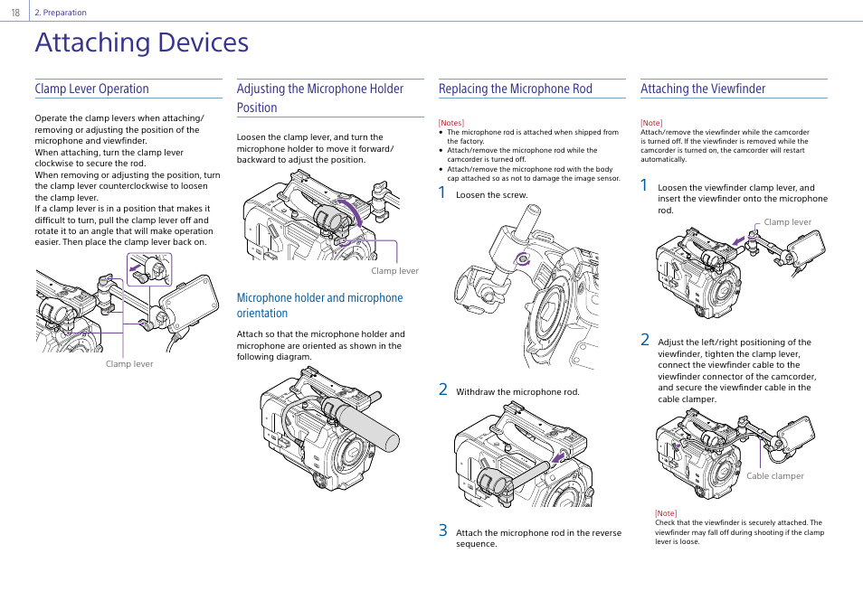 Attaching devices, Clamp lever operation, Adjusting the microphone holder position | Replacing the microphone rod, Attaching the viewfinder | Sony Ultra Wide Converter For SEL16F28 and SEL20F28 User Manual | Page 18 / 140