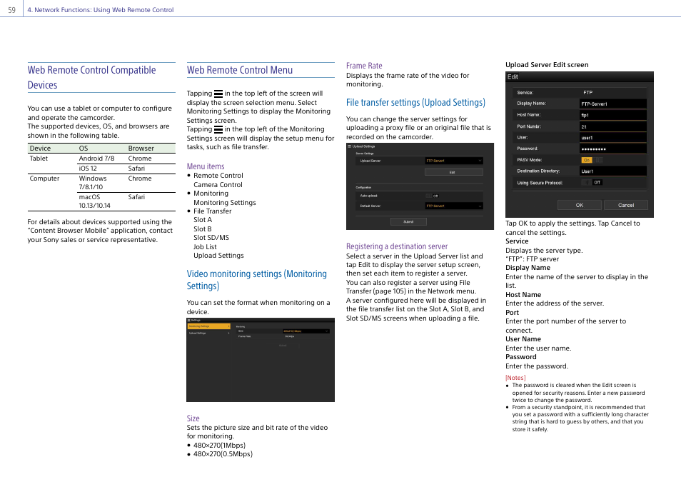Web remote control compatible devices, Web remote control menu, Video monitoring settings (monitoring settings) | File transfer settings (upload settings) | Sony Ultra Wide Converter For SEL16F28 and SEL20F28 User Manual | Page 59 / 140