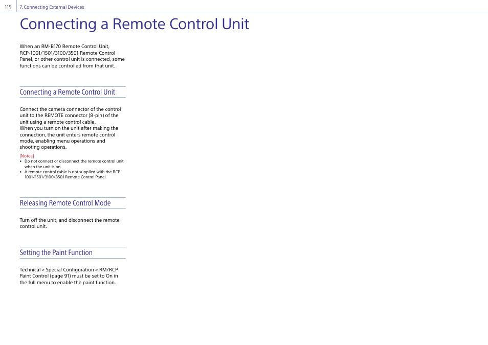 Connecting external devices, Connecting a remote control unit, Releasing remote control mode | Setting the paint function | Sony LHP-1 Lens Hood User Manual | Page 115 / 153