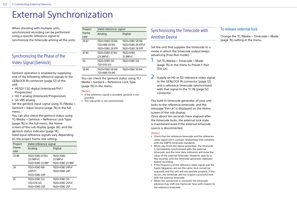 External synchronization, Synchronizing the timecode with another device | Sony LHP-1 Lens Hood User Manual | Page 121 / 153