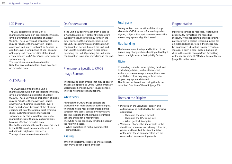 Lcd panels, Oled panels, On condensation | Phenomena specific to cmos image sensors, Fragmentation | Sony LHP-1 Lens Hood User Manual | Page 123 / 153