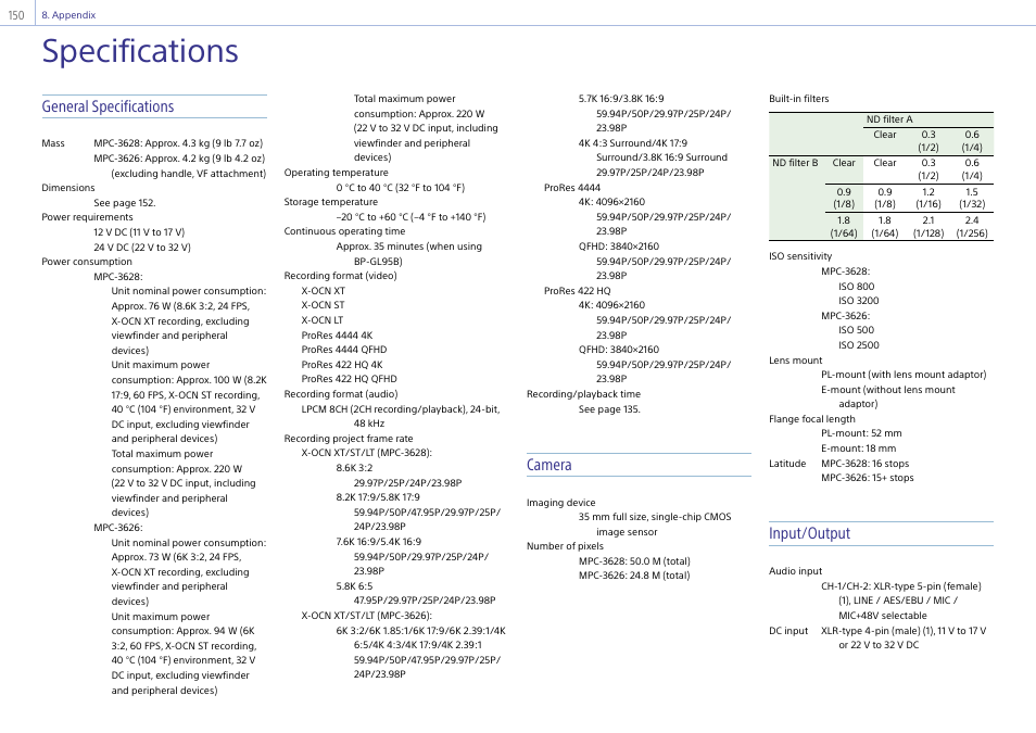 Specifications, General specifications, Camera | Input/output | Sony LHP-1 Lens Hood User Manual | Page 150 / 153