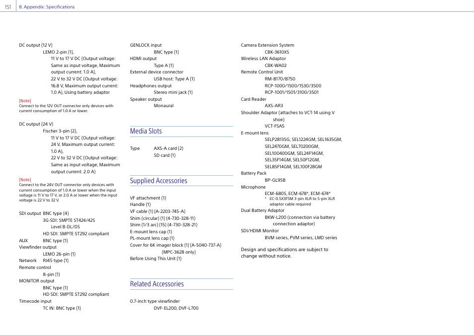 Media slots, Supplied accessories, Related accessories | Sony LHP-1 Lens Hood User Manual | Page 151 / 153