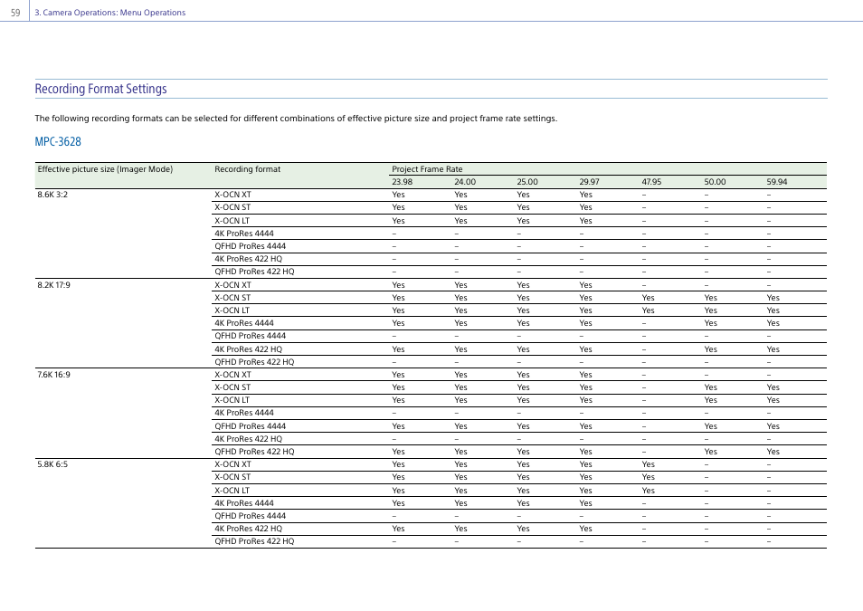 Recording format settings, Mpc-3628 | Sony LHP-1 Lens Hood User Manual | Page 59 / 153