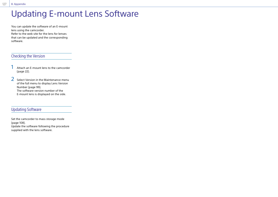 Updating e-mount lens software | Sony DT 11-18mm f/4.5-5.6 Lens User Manual | Page 127 / 134