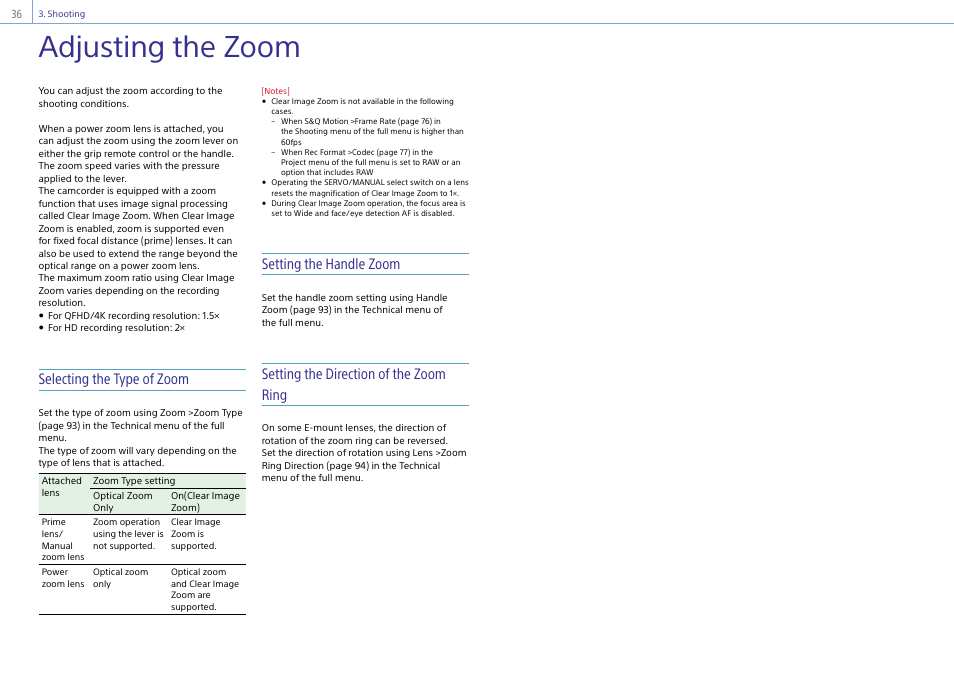 Adjusting the zoom, Selecting the type of zoom, Setting the handle zoom | Setting the direction of the zoom ring | Sony DT 11-18mm f/4.5-5.6 Lens User Manual | Page 36 / 134