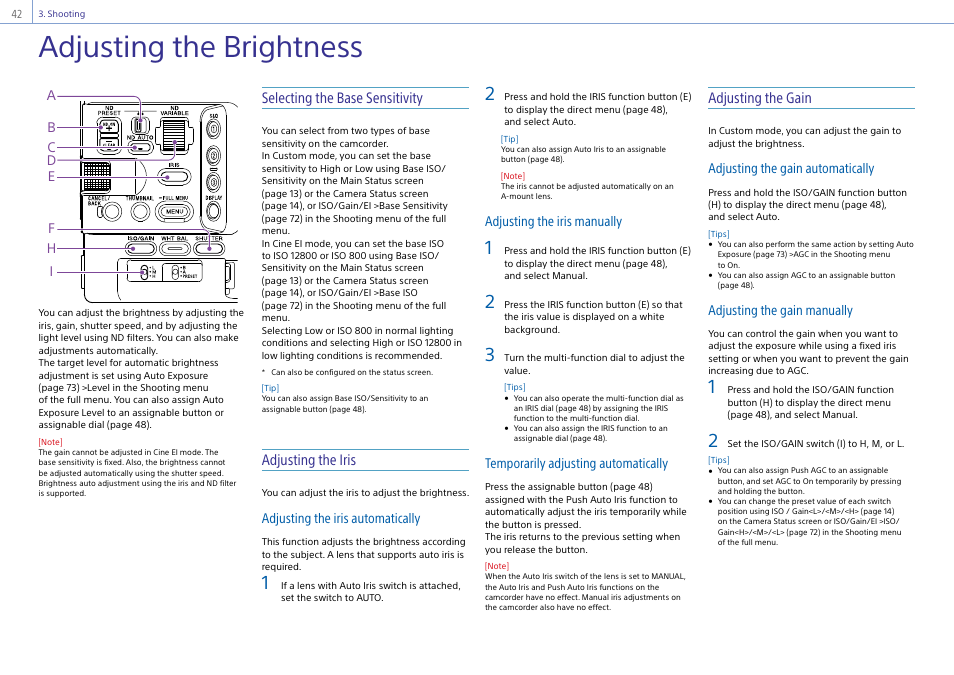Adjusting the brightness, Selecting the base sensitivity, Adjusting the iris | Adjusting the gain | Sony DT 11-18mm f/4.5-5.6 Lens User Manual | Page 42 / 134