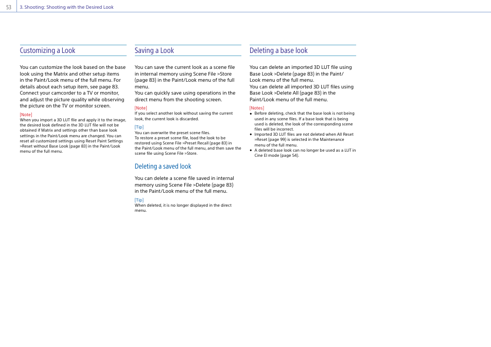 Customizing a look, Saving a look, Deleting a base look | Deleting a saved look | Sony DT 11-18mm f/4.5-5.6 Lens User Manual | Page 53 / 134