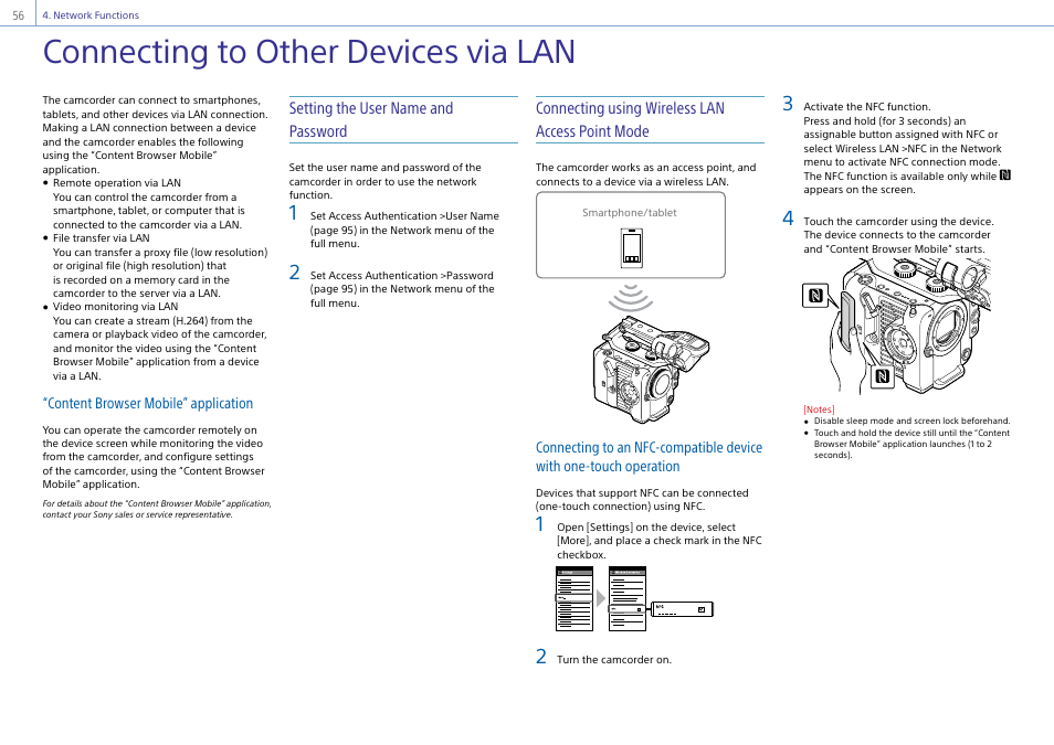 Network functions, Connecting to other devices via lan, Setting the user name and password | Connecting using wireless lan access point mode | Sony DT 11-18mm f/4.5-5.6 Lens User Manual | Page 56 / 134