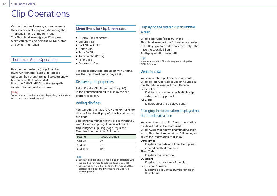Clip operations, Thumbnail menu operations, Menu items for clip operations | Displaying clip properties, Adding clip flags, Displaying the filtered clip thumbnail screen, Deleting clips | Sony DT 11-18mm f/4.5-5.6 Lens User Manual | Page 65 / 134
