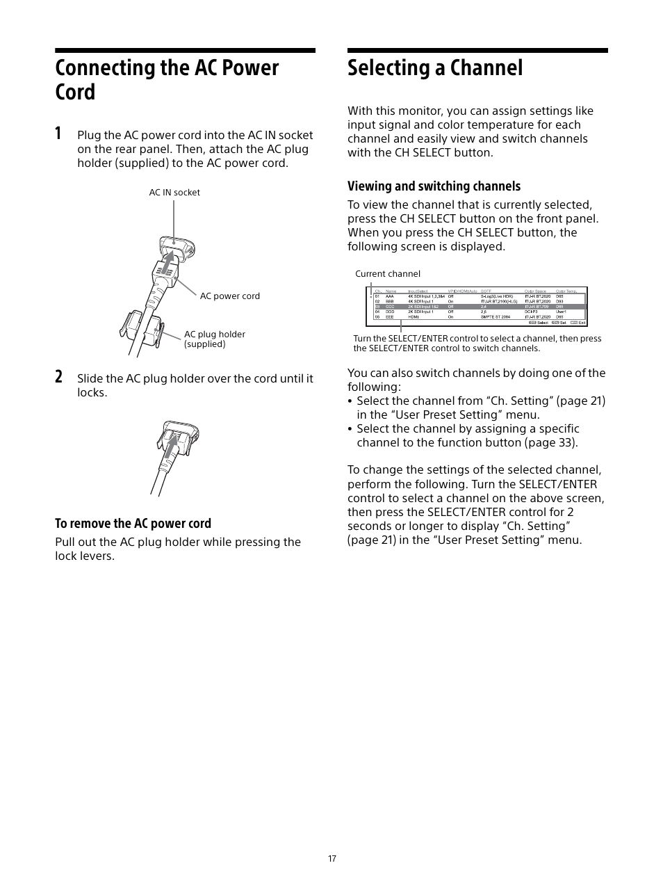 Connecting the ac power cord, Selecting a channel, Connecting the ac power cord selecting a channel | Sony Planar T* FE 50mm f/1.4 ZA Lens User Manual | Page 17 / 55