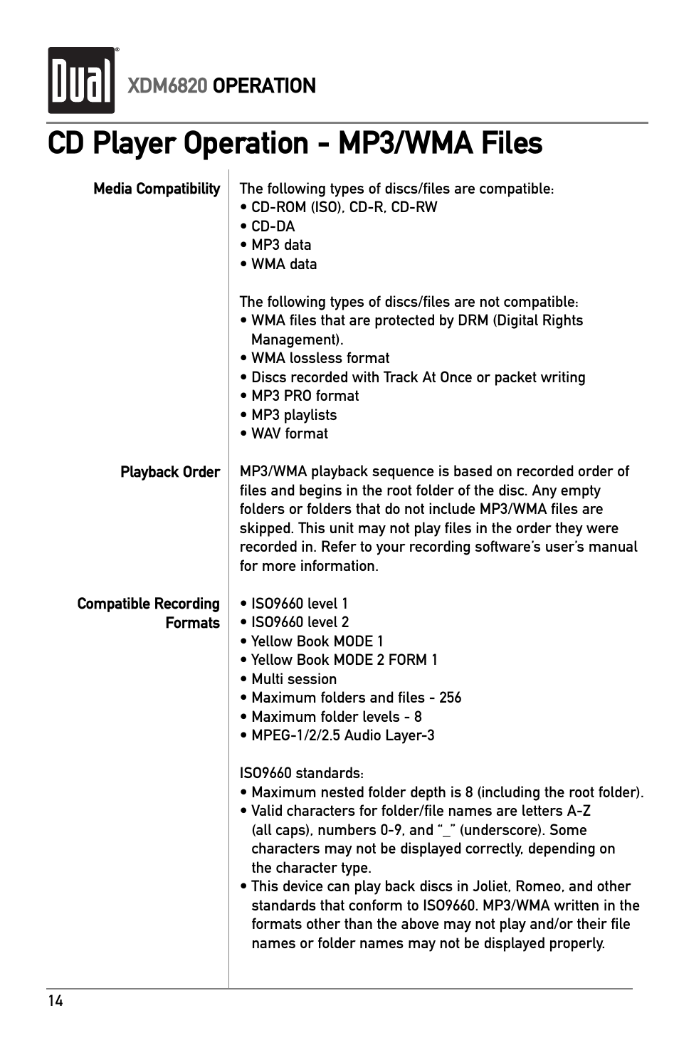 Cd player operation - mp3/wma files, Xdm6820 operation | Dual XDM6820 User Manual | Page 14 / 20