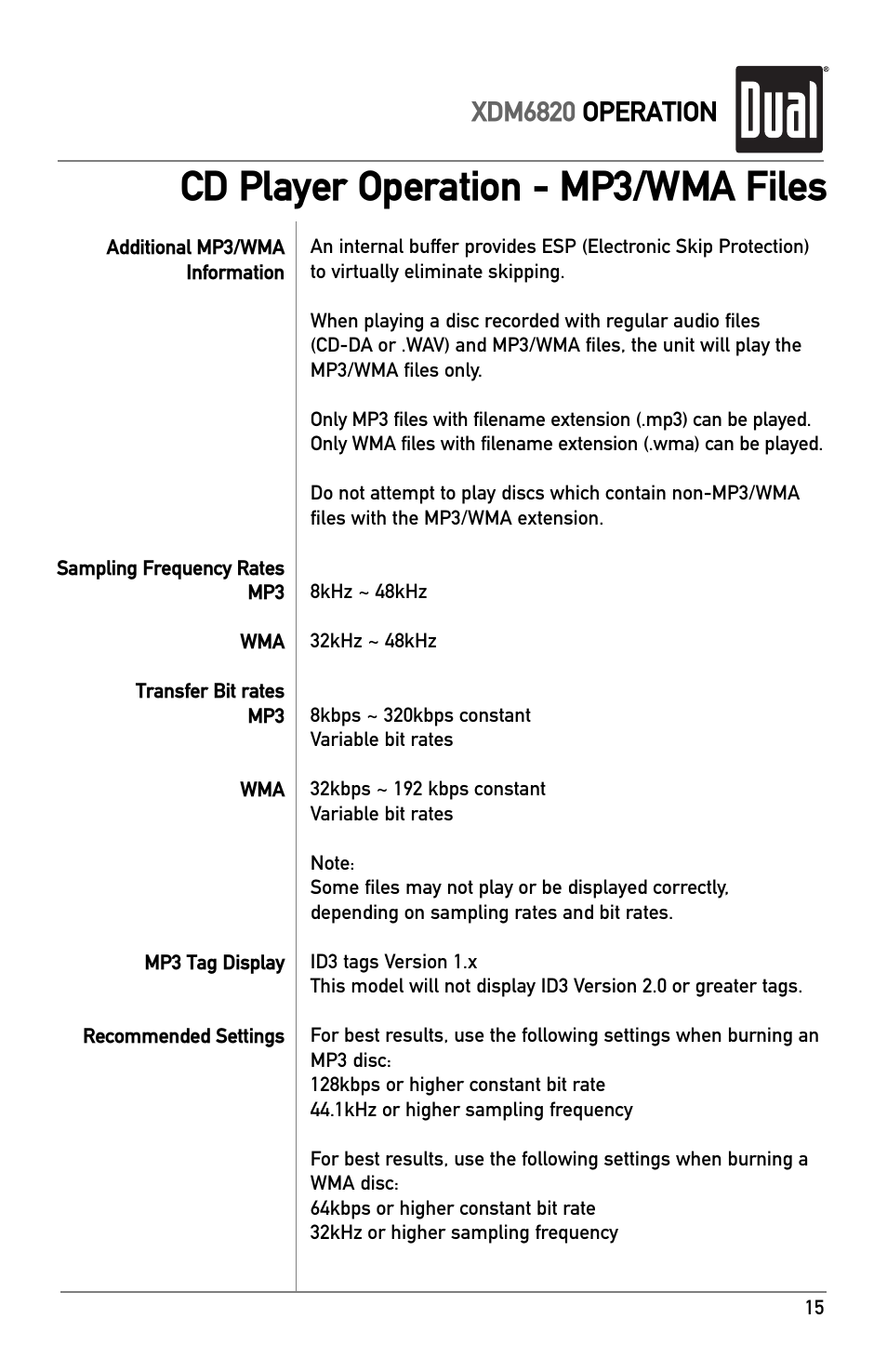 Cd player operation - mp3/wma files, Xdm6820 operation | Dual XDM6820 User Manual | Page 15 / 20