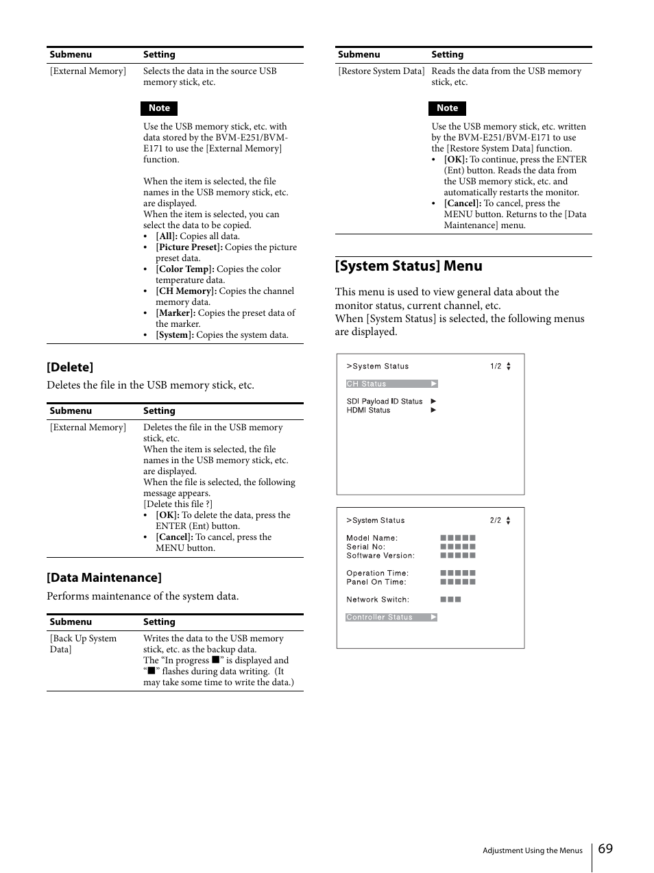 System status] menu, Delete, Data maintenance | Sony ECM-X7BMP Electret Condenser Lavalier Microphone for UWP Transmitters User Manual | Page 69 / 107