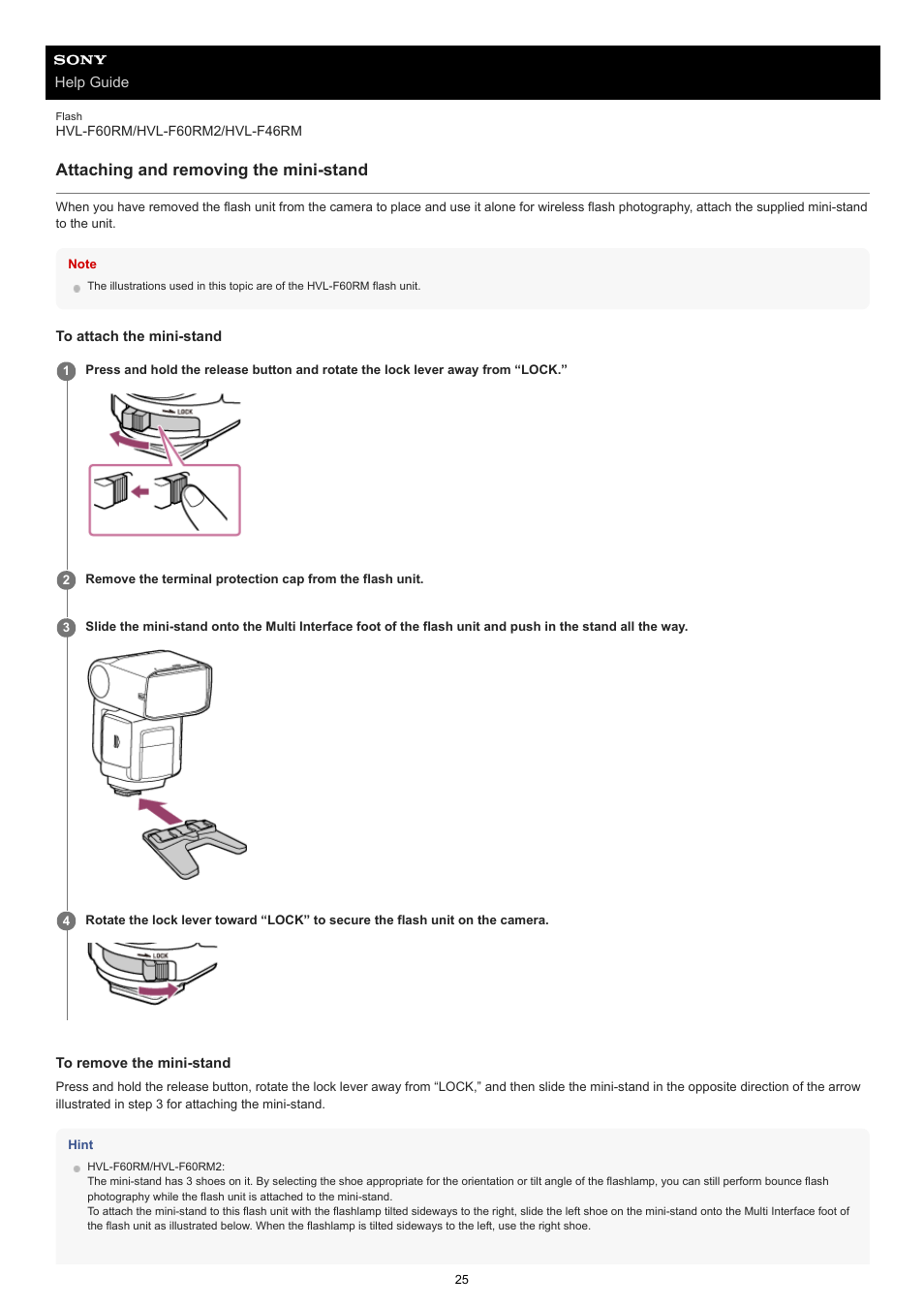 Attaching and removing the mini-stand | Sony ECM-M1 Compact Camera-Mount Digital Shotgun Microphone User Manual | Page 25 / 92
