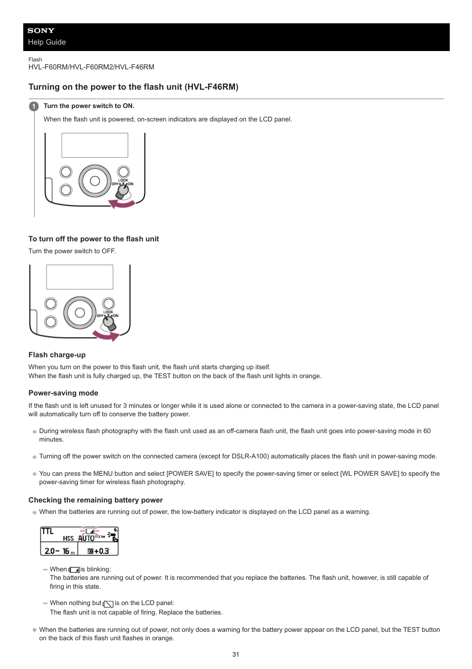 Turning on the power to the flash unit (hvl-f46rm) | Sony ECM-M1 Compact Camera-Mount Digital Shotgun Microphone User Manual | Page 31 / 92