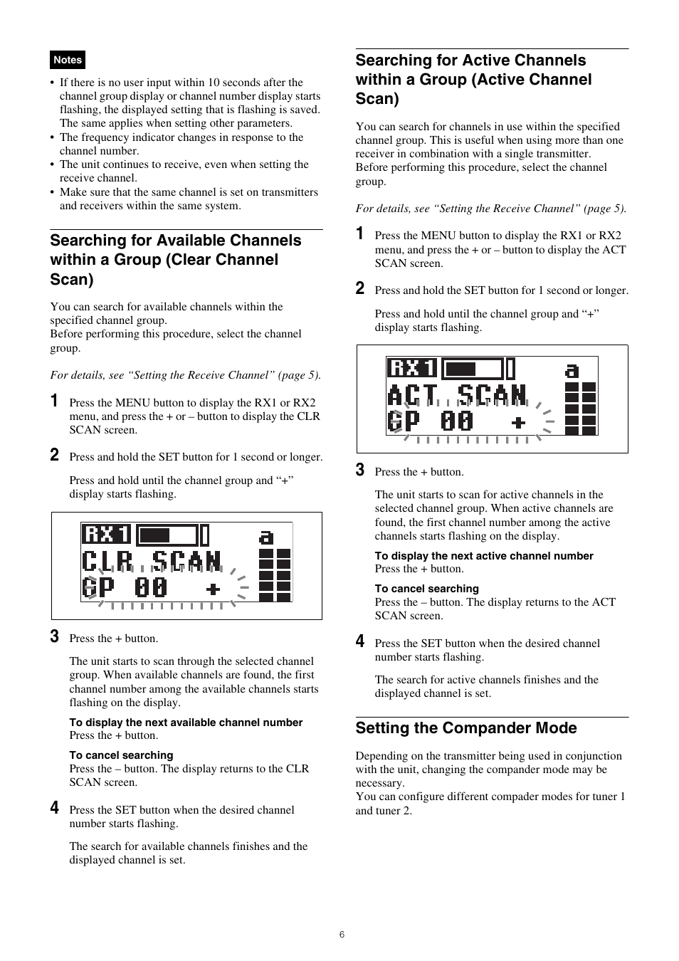 Searching for available channels within a, Group (clear channel scan), Searching for active channels within a group | Active channel scan), Setting the compander mode | Sony 300GB Write-Once Optical Disc Cartridge User Manual | Page 6 / 16