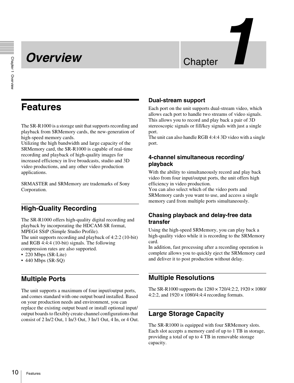 Chapter 1 overview, Features, High-quality recording | Multiple ports, Multiple resolutions, Large storage capacity, Overview, Chapter | Sony X85K 50" 4K HDR Smart LED TV User Manual | Page 10 / 70
