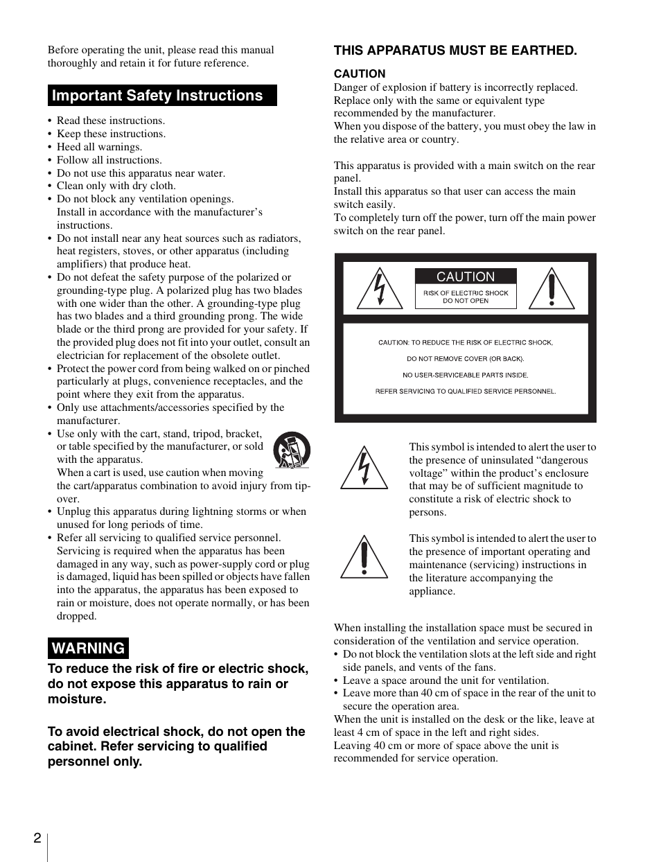 Important safety instructions warning | Sony X85K 50" 4K HDR Smart LED TV User Manual | Page 2 / 70