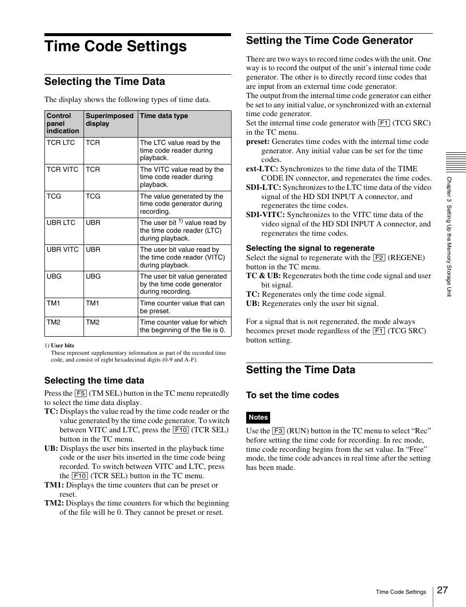 Time code settings, Selecting the time data, Setting the time code generator | Setting the time data | Sony X85K 50" 4K HDR Smart LED TV User Manual | Page 27 / 70