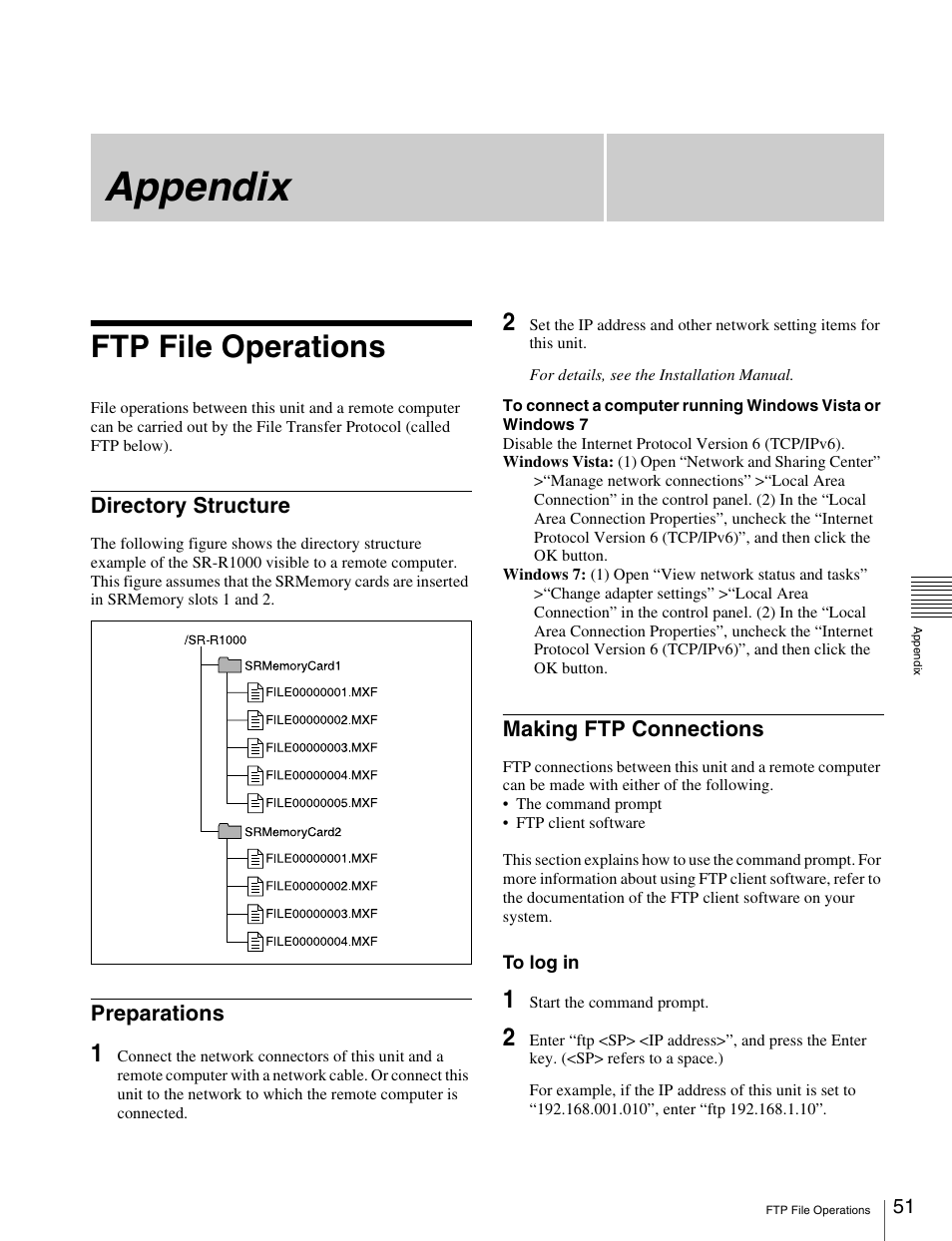 Appendix, Ftp file operations, Directory structure | Preparations, Making ftp connections | Sony X85K 50" 4K HDR Smart LED TV User Manual | Page 51 / 70