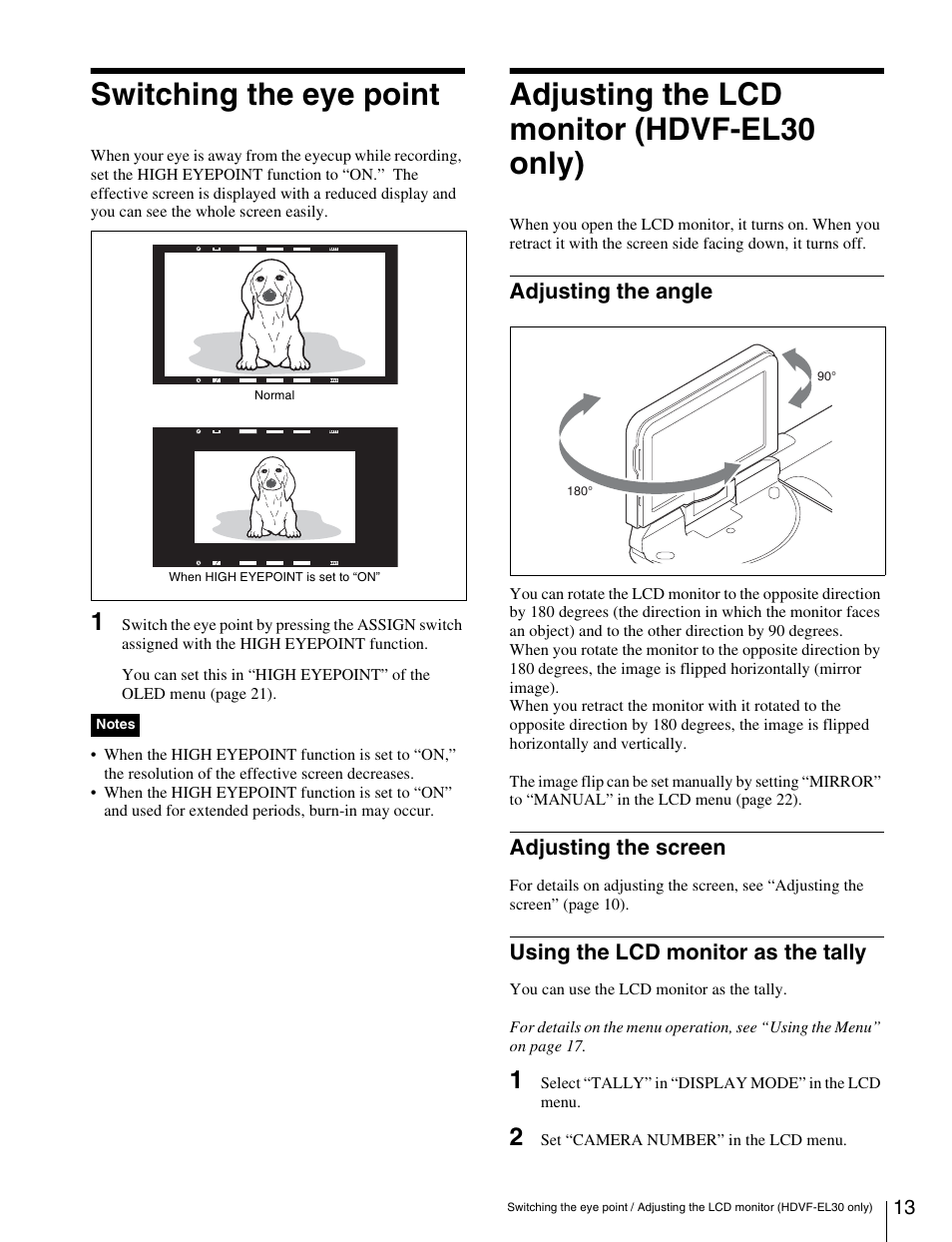 Switching the eye point, Adjusting the lcd monitor (hdvf-el30 only), Adjusting the angle | Adjusting the screen, Using the lcd monitor as the tally, Switching the eye point adjusting the lcd monitor, Hdvf-el30 only) | Sony X85K 55" 4K HDR Smart LED TV User Manual | Page 13 / 27