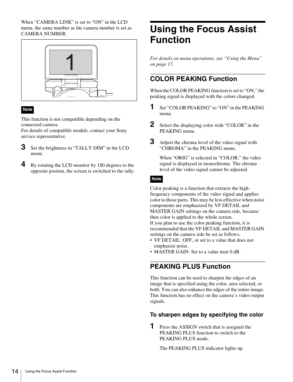 Using the focus assist function, Color peaking function, Peaking plus function | Color peaking function peaking plus function | Sony X85K 55" 4K HDR Smart LED TV User Manual | Page 14 / 27