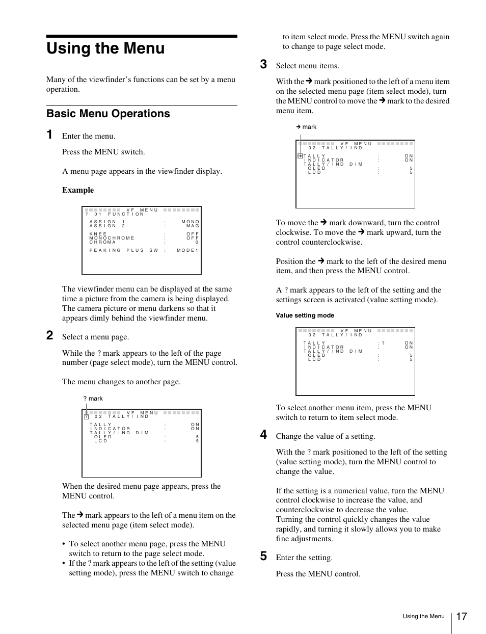 Using the menu, Basic menu operations, Select menu items. with the | Mark to the desired menu item. to move the, Enter the setting. press the menu control | Sony X85K 55" 4K HDR Smart LED TV User Manual | Page 17 / 27