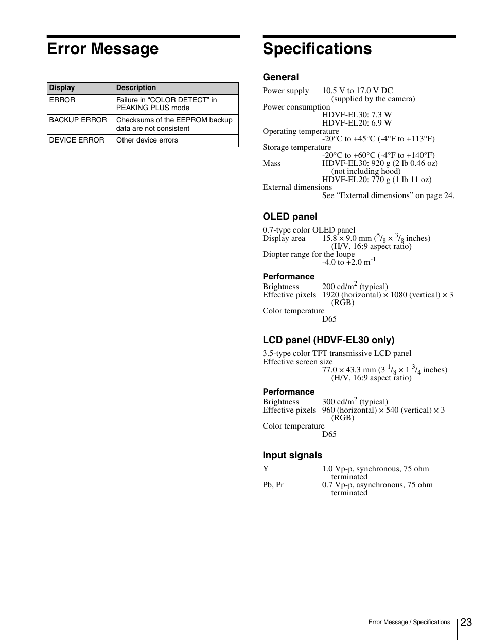 Error message, Specifications, Error message specifications | Sony X85K 55" 4K HDR Smart LED TV User Manual | Page 23 / 27